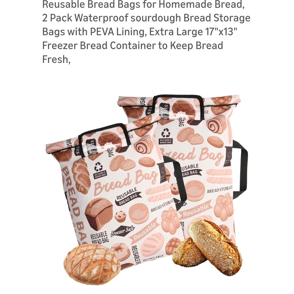 Reusable Bread Bags 2 Pack‎ Waterproof Sourdough Storage PEVA Lining 17x12 XL